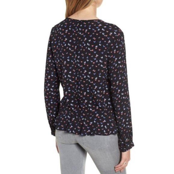 Rails Black Butterfly Print V-neck Button Front Waist Tie Peplum Blouse Top M - Picture 3 of 14